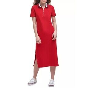Tommy Hilfiger Stretch Red Ribbed Polo Midi Dress White Trim Women sz Large